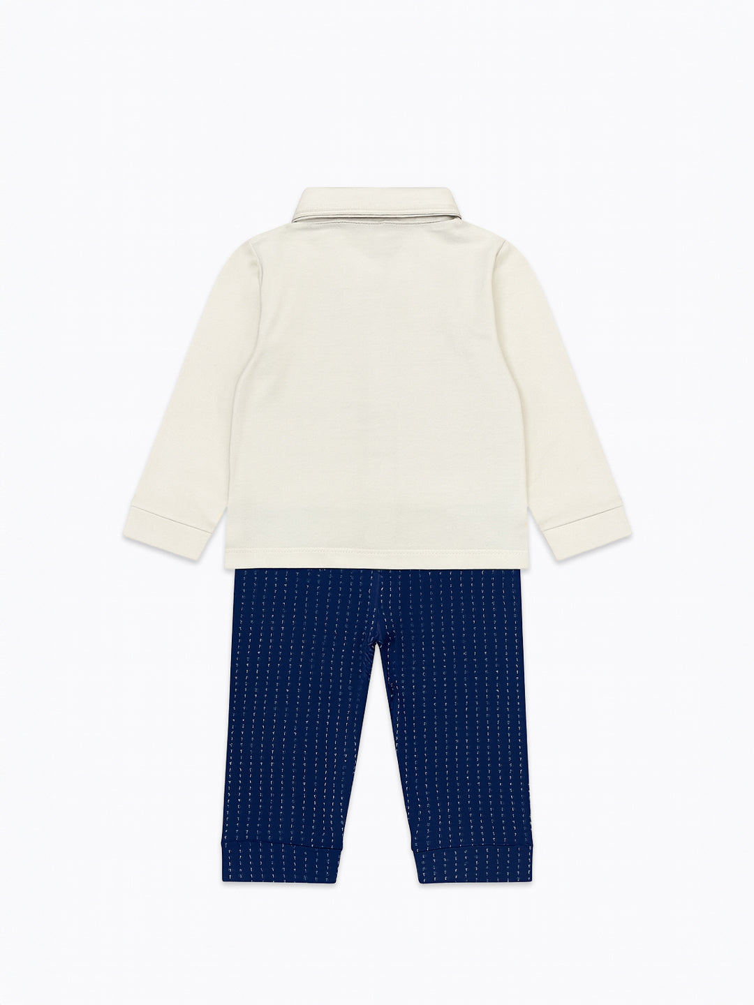 Nautinati Navy Blue And White Dotted Collared Romper With A Bow For Infant Boys