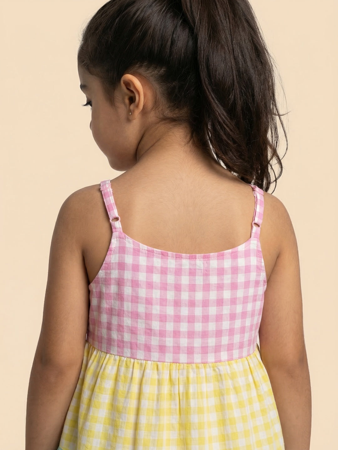 Nautinati Girls' Cotton Blend Colourblock & Gingham Chequered Gathered Strappy Dress