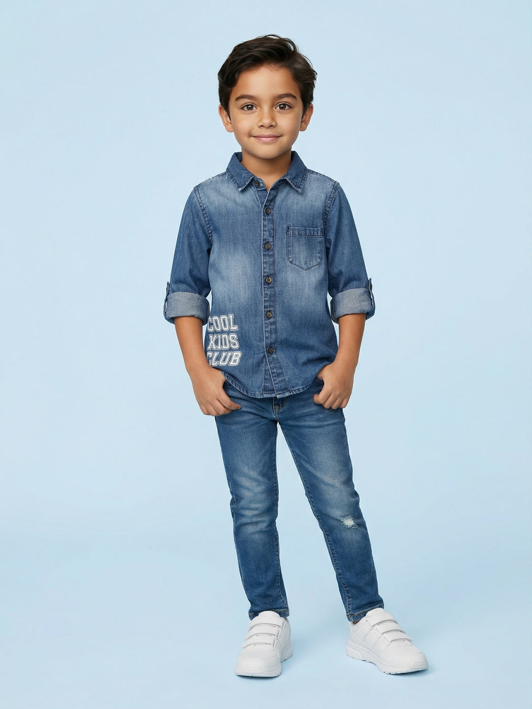 Nautinati Boys' 100% Cotton Dark Wash Varsity Placement Print Denim Shirt