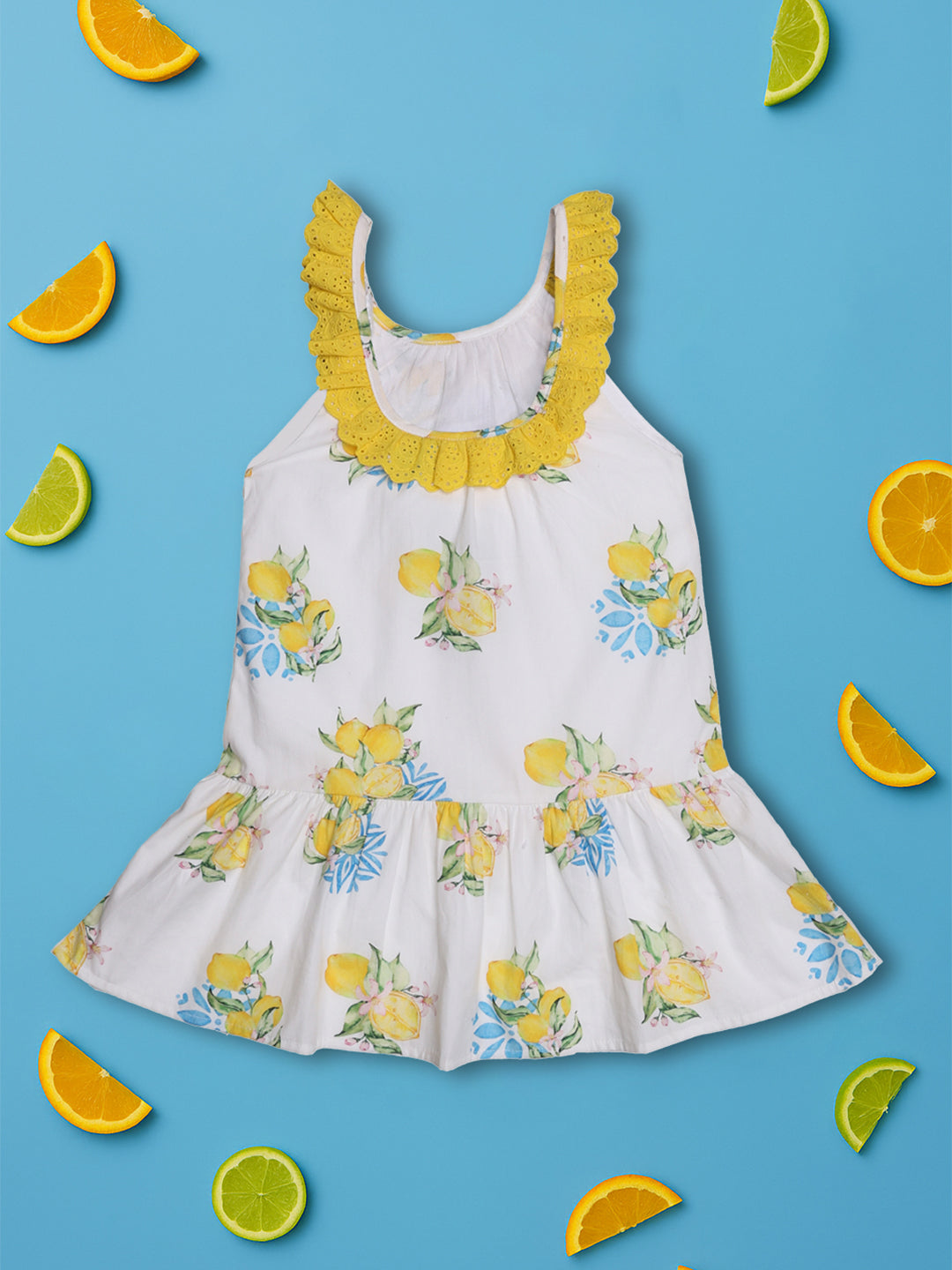 Nautinati Lemon Print White Dress For Girls