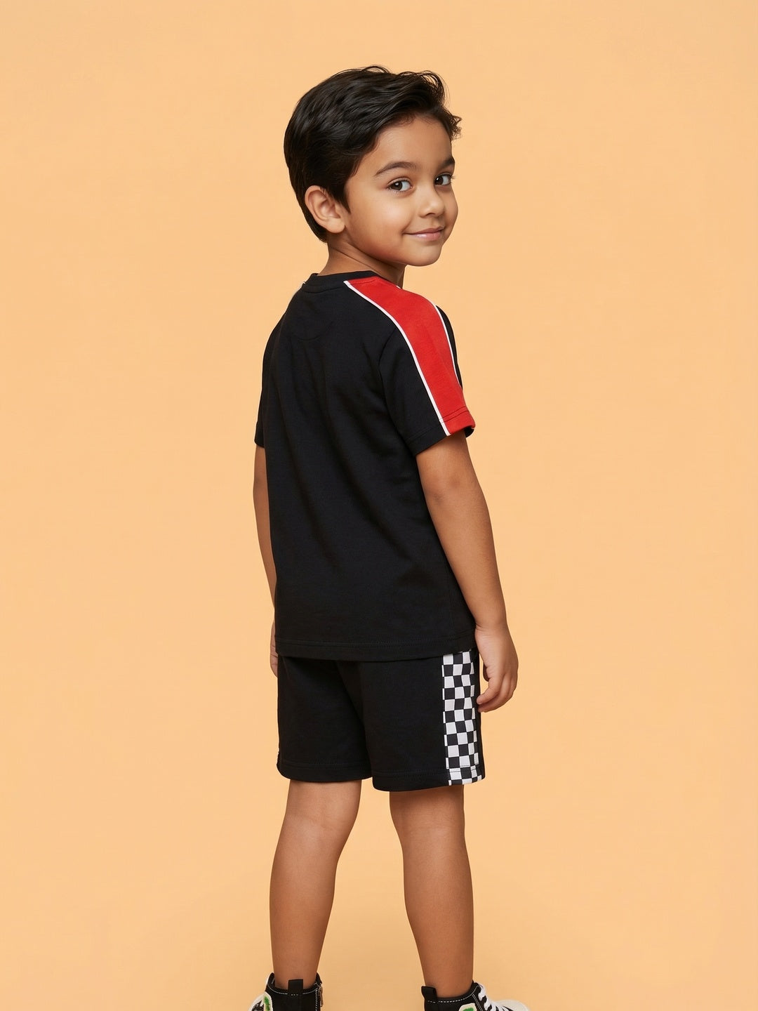 Nautinati Boys' Race Car Printed Regular Fit Round Neck T-shirt and Shorts Co-ord Set