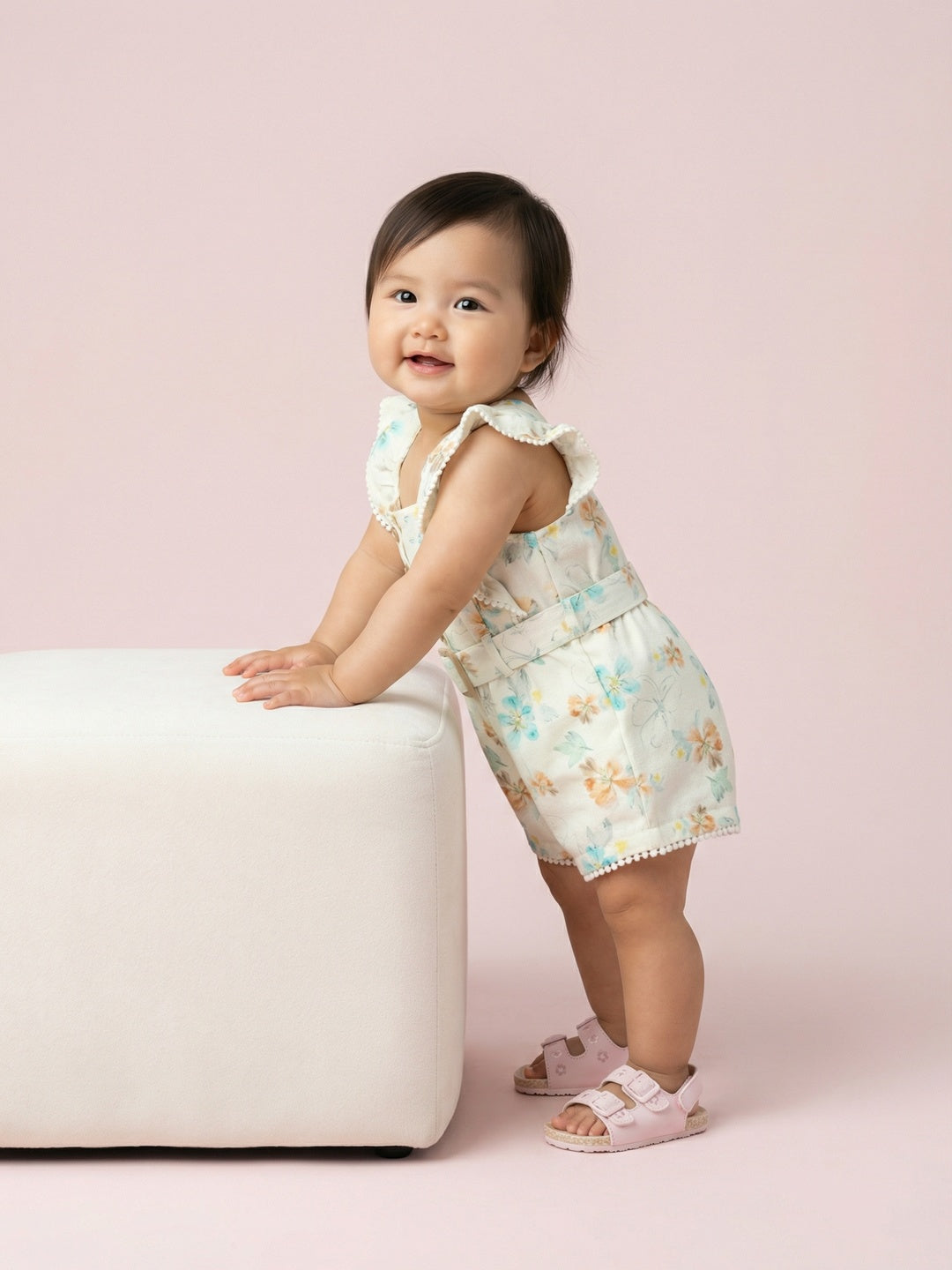 Nautinati Girls' 100% Cotton All-over Floral Print Jumpsuit with Mock Belt