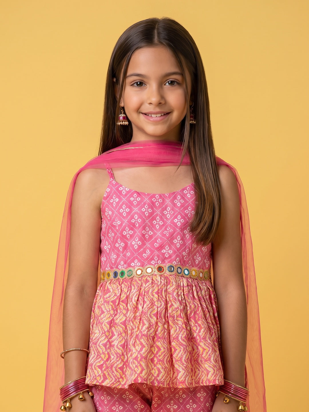 Nautinati Girls Bandhani Printed Mirror Work Pure Cotton Kurti With Sharara Dupatta