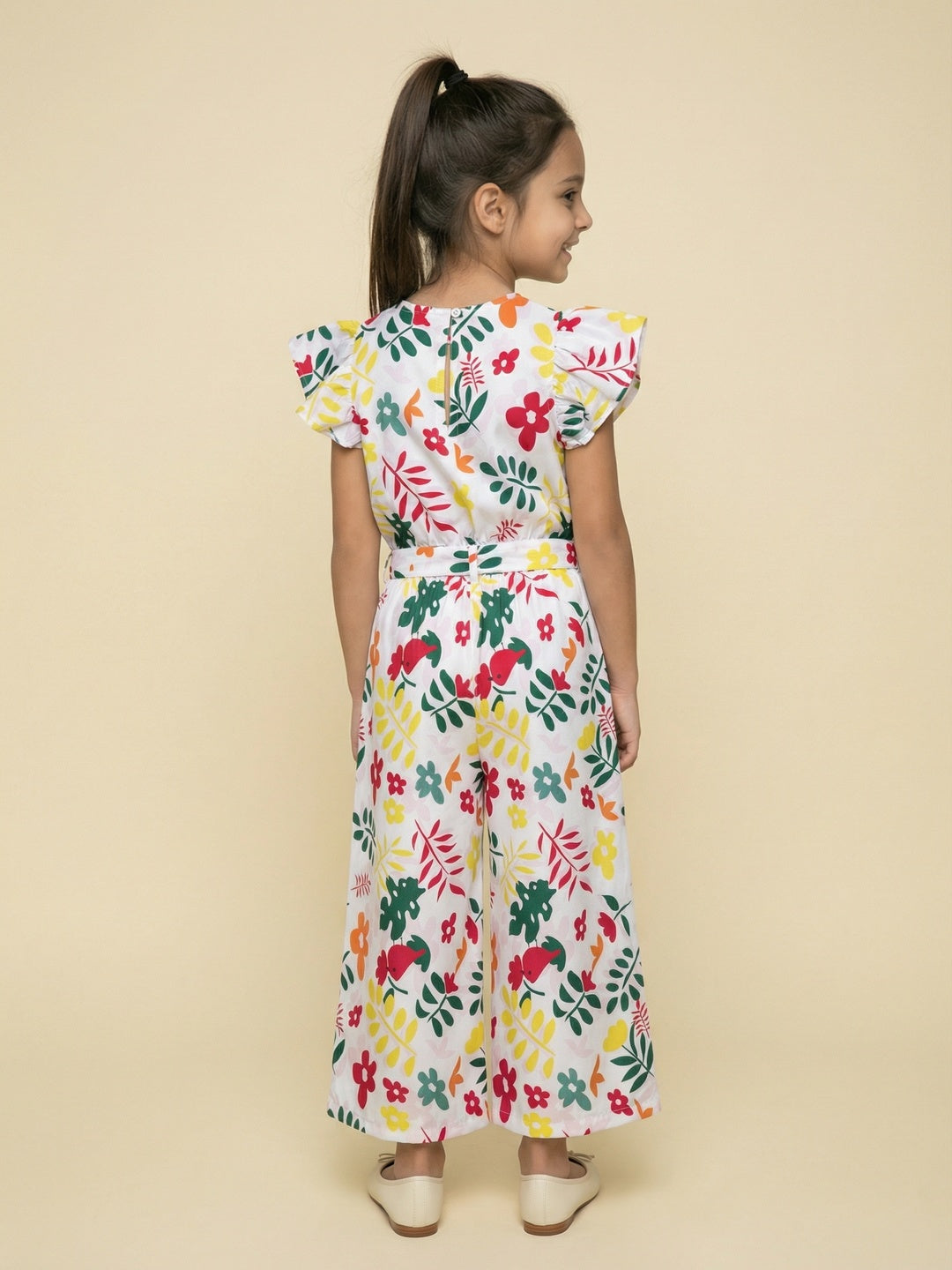 Nautinati Girls Tropical Floral Print Regular Fit Cap Sleeve Crop Top with Wide Legged Pants Co-ord Set