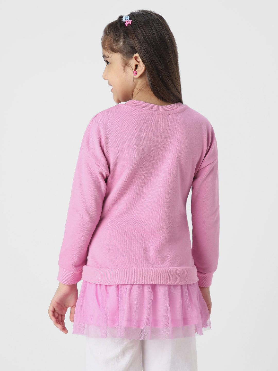 Girls Embellished Round Neck Pullover Sweatshirt With Skirt Detail