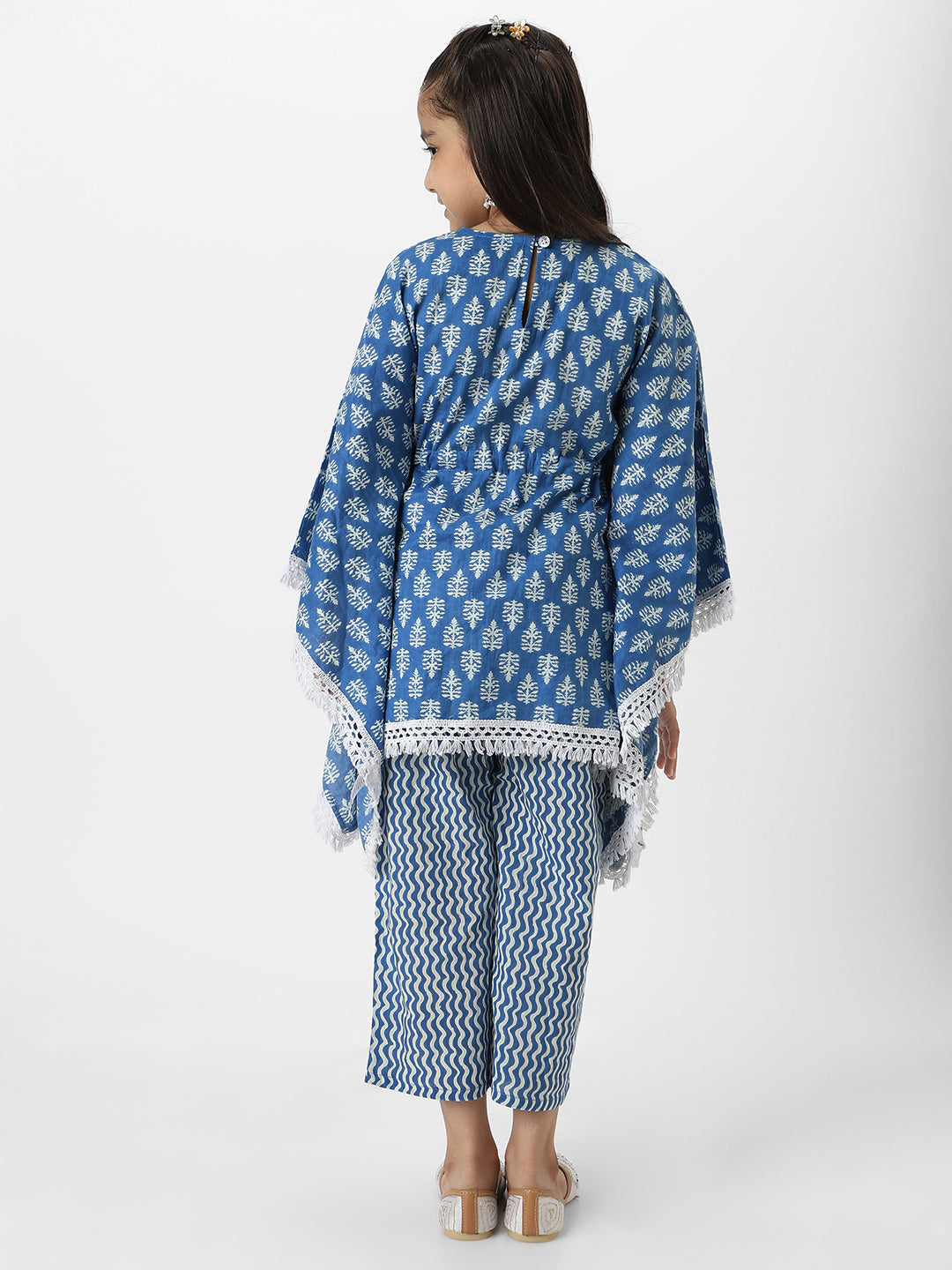 Nautinati Girl's Block Printed Blue Kaftaan Ethnic Set