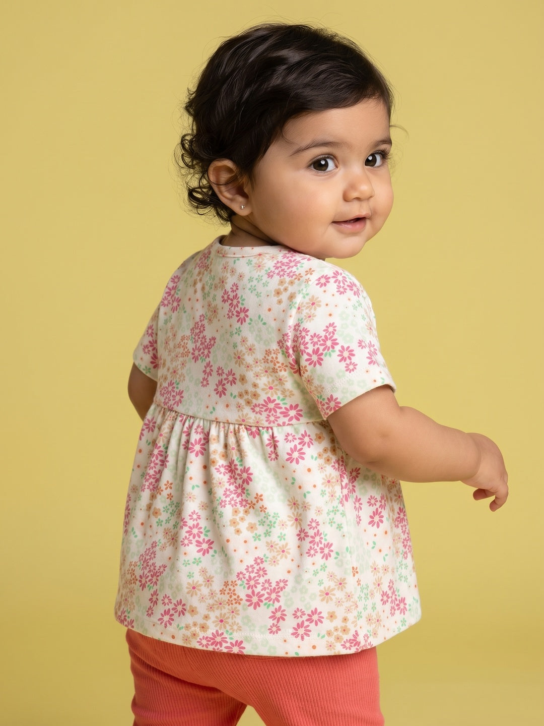 Nautinati Baby Girls' 100% Interlock Cotton All-over Print Floral Top & Ribbed Texture Trousers Combo Set