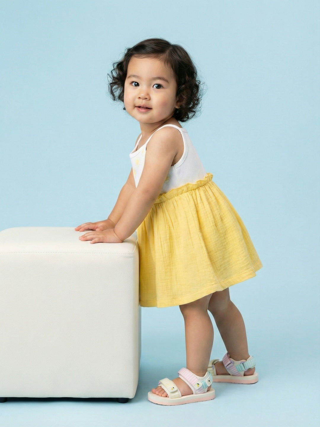 Nautinati Girls' Premium Double Cloth All-over Sun Print Fit & Flare Dress with Gathered Detail