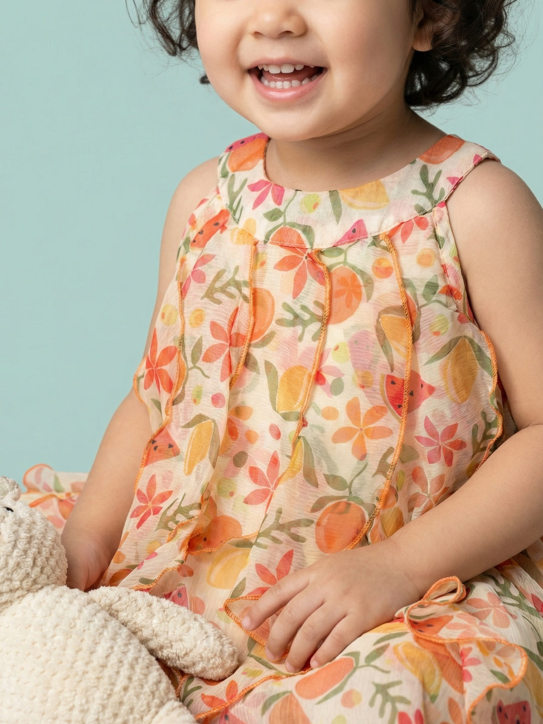 Nautinati Baby Girls' A-line Strappy Ruffle Dress with Multicolour All-over Tropical Fruits like Watermelon, Orange, Lemon Print & 3D Embelishments