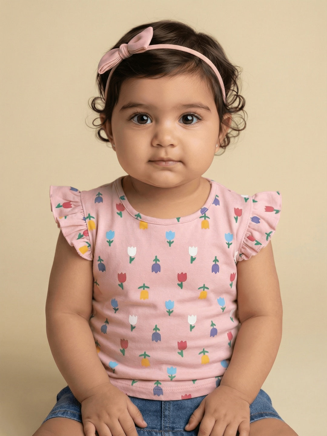 Nautinati Baby Girls' 100% Cotton Pack of 2 Floral Placement & Graphic Print Tops with Cute Frill Sleeves