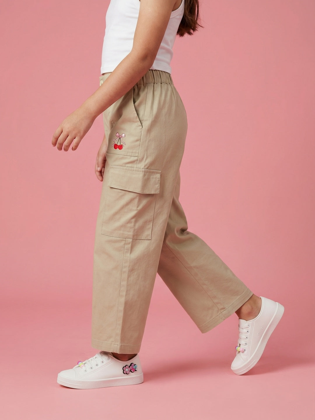 Nautinati Girls Pure Cotton Cherry Placement Print Baggy Fit Wide-leg Pants