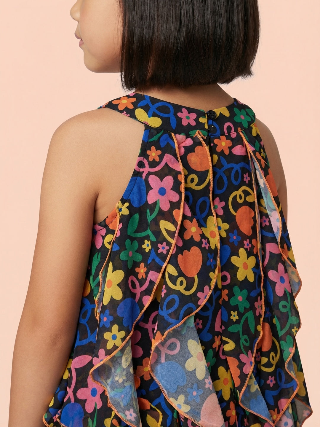 Nautinati Girls' Georgette All-over Floral Print A-line Ruffle Dress