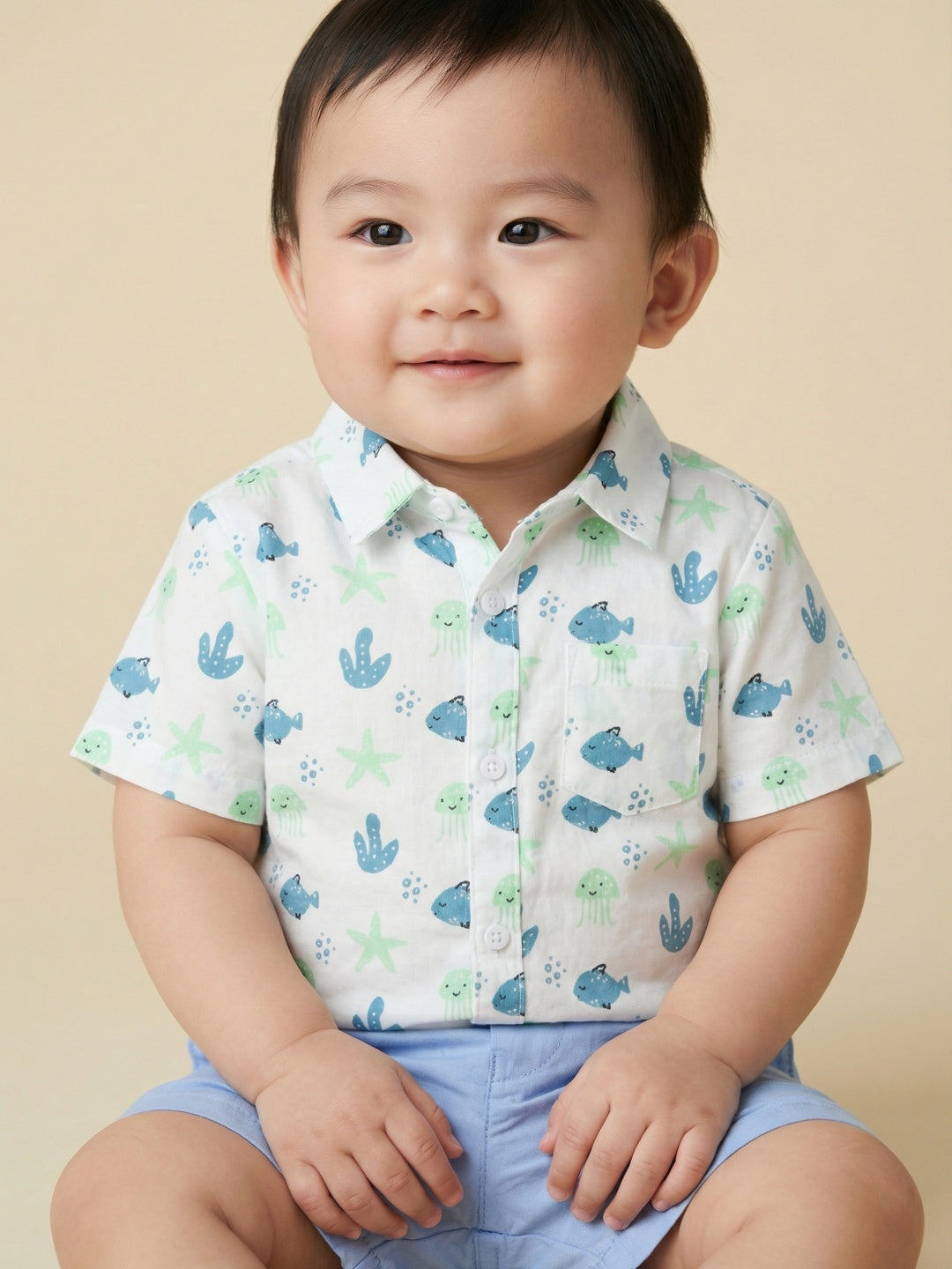 Nautinati Boys' Cotton All-over Sea Animal Printed Shirt and Shorts Co-ord Set