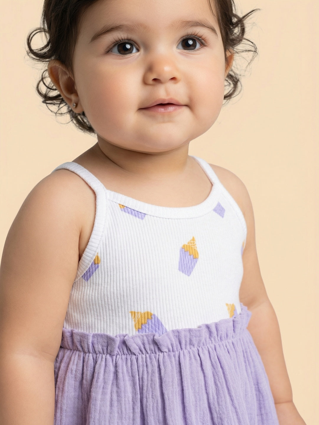 Nautinati Girls' Ribbed 100% Cotton All-over Ice Cream Print Fit & Flare Dress with Gathered Detail