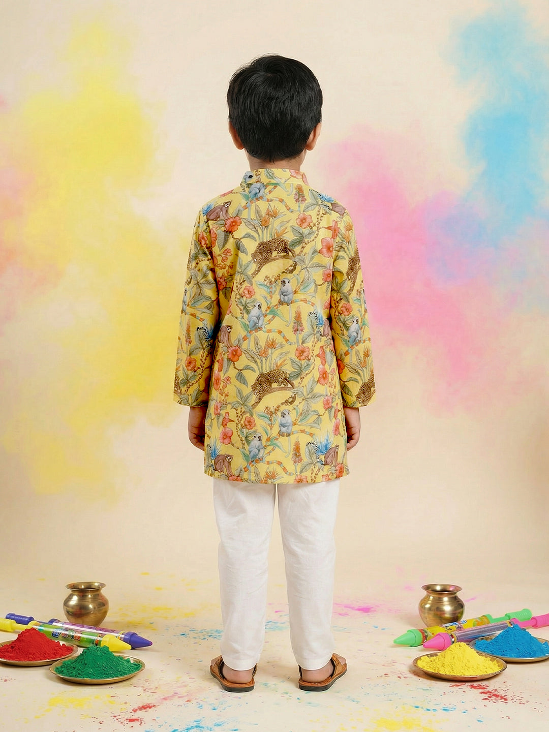 Boys' 100% Cotton Festive Forest-print Resort Style Kurta & Pyjama Set