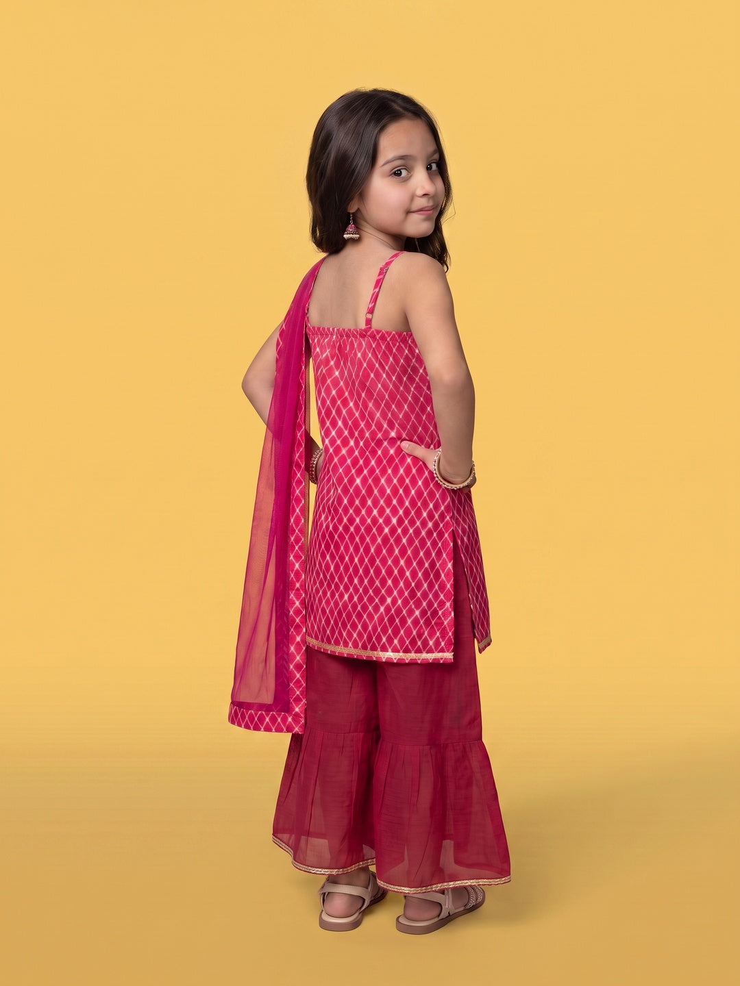 Nautinati Girls Pink Checks Kurti and Sharara Set, 2-10Y