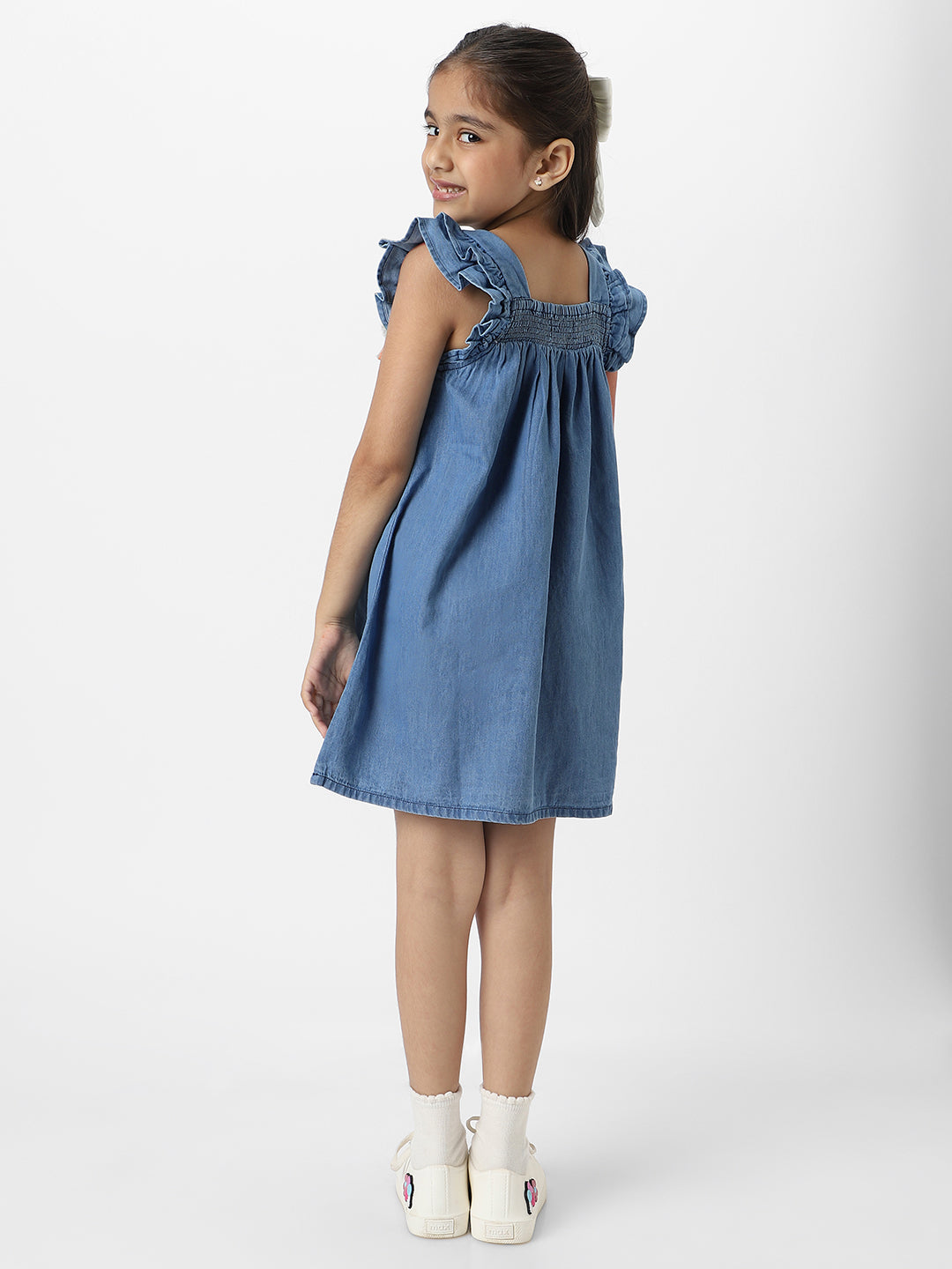 Nautinati Girls Embroidered Taselled Sleeveless Casual Wear Denim Dress