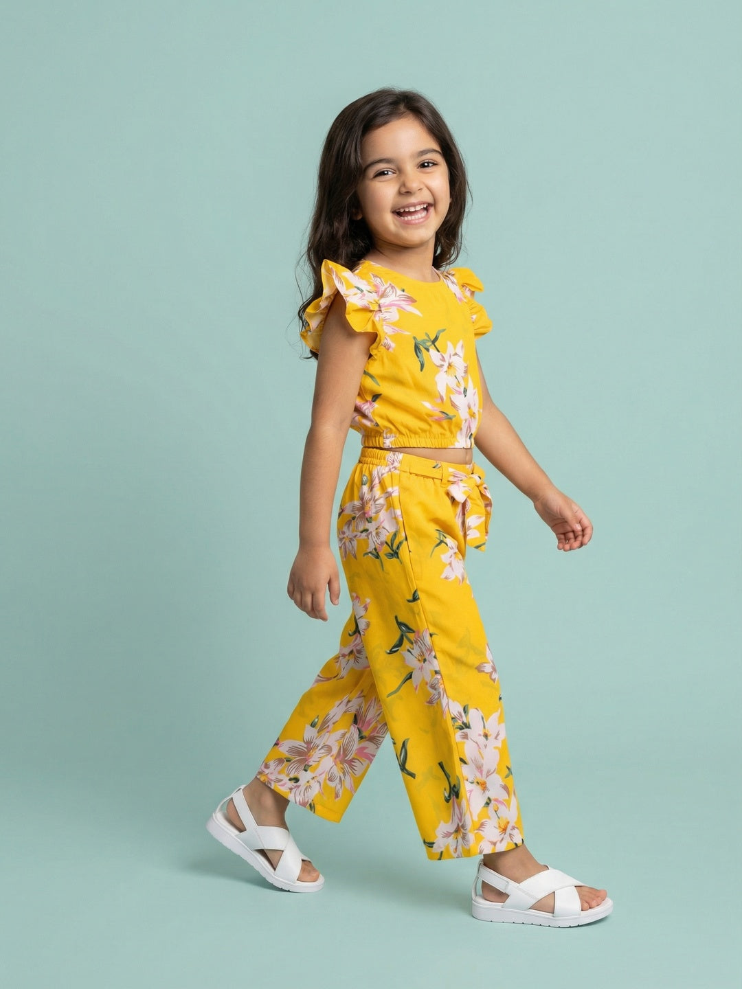 Nautinati Girls' Cotton All-over Floral Printed Ruffled Top & Trousers Co-ord Set