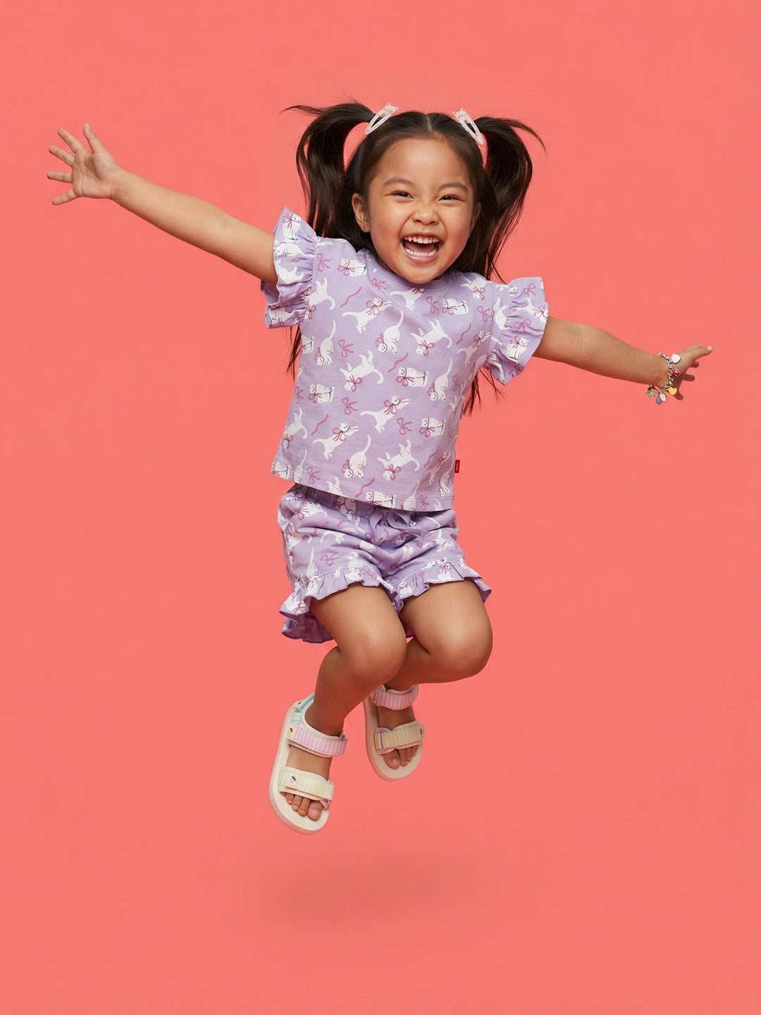 Nautinati Girls All Over Cat Printed Cotton T-shirt and Shorts Co-ord Set