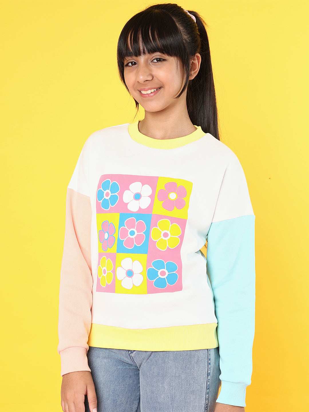 Girls Floral Printed Colourblock Sweatshirt