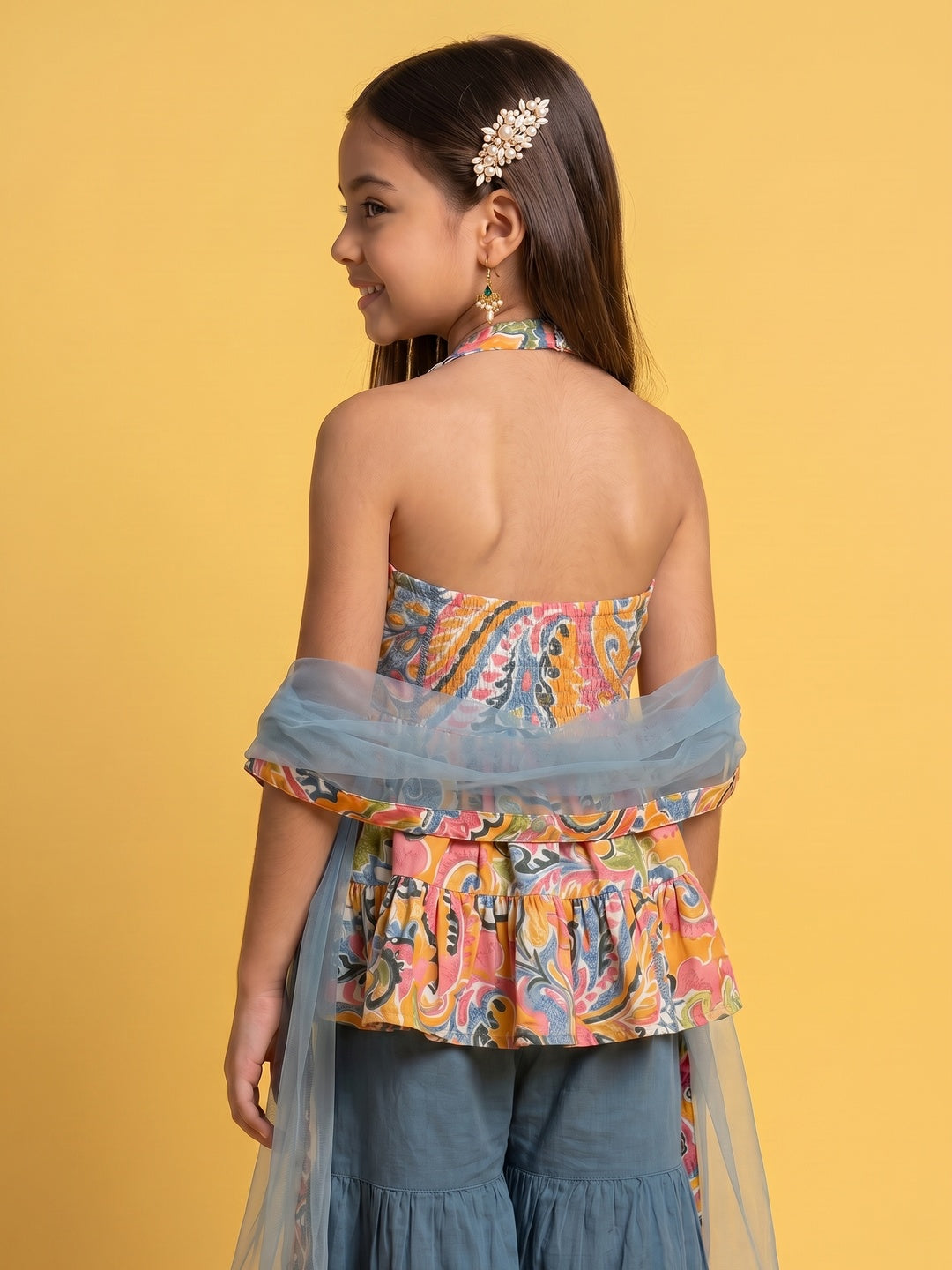 Nautinati Girls' A-line All-over Paisley Print Kurti, Solid Sharara, Net Dupatta Set with Gota Patti Details