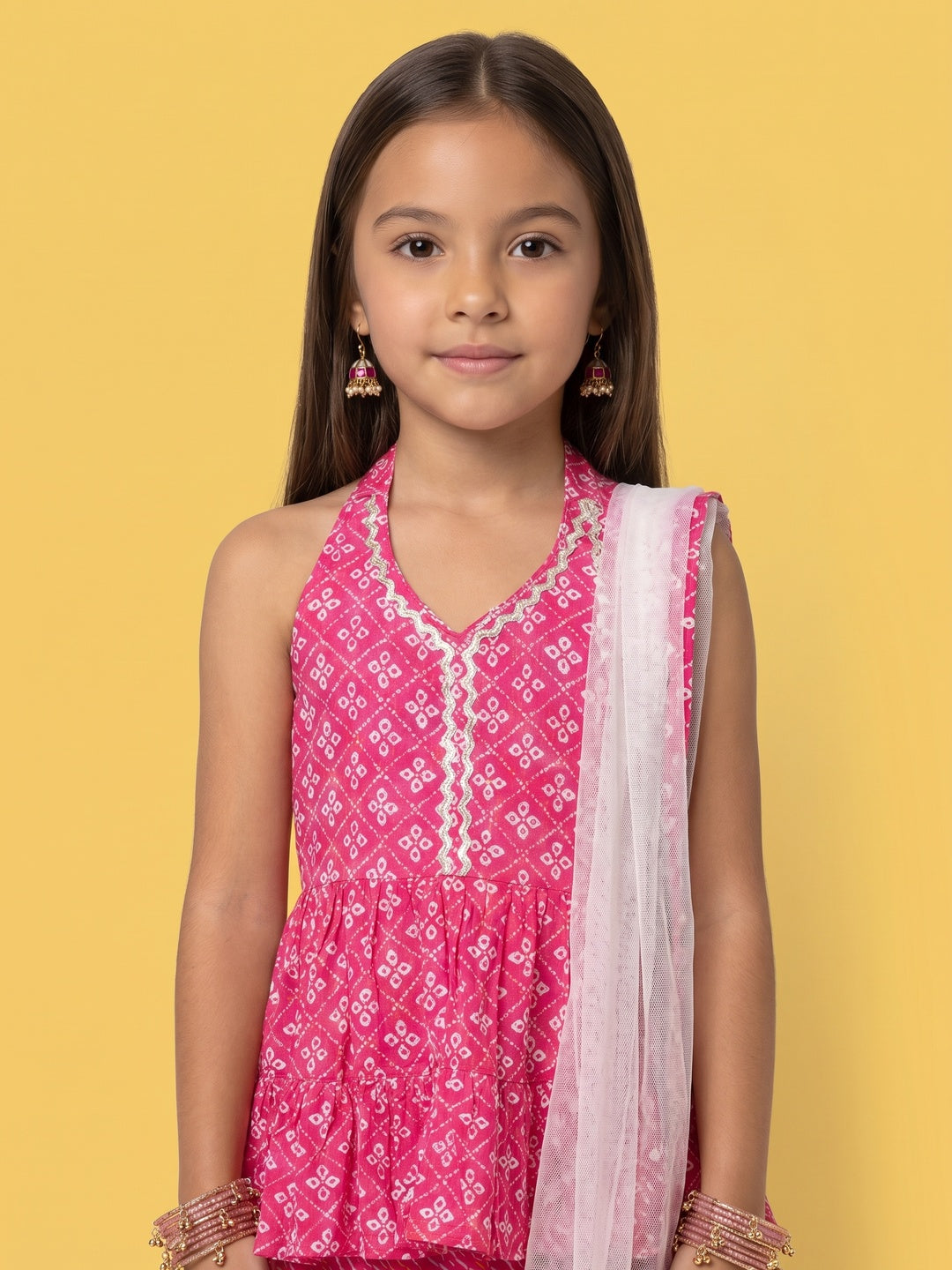 Nautinati Girls' 100% Cotton Sharara Set with Net Dupatta with Empire-style Kurti & Zari Work
