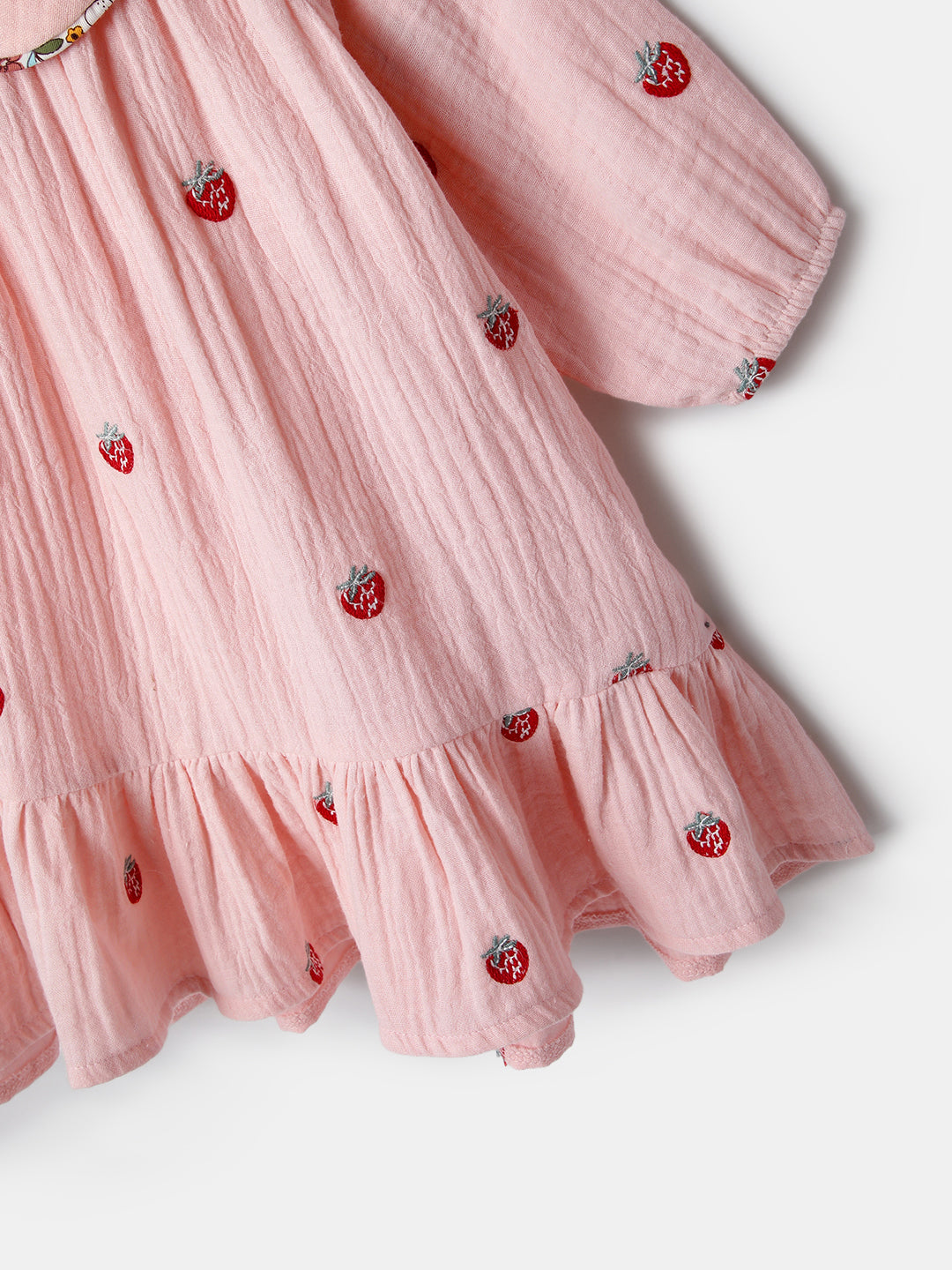 Nautinati Baby Pink Strawberry Embroidered Dress for Infant Girls