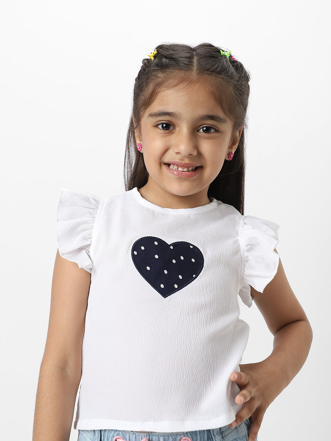 Nautinati Girls White Frill Sleeve Everyday Wear Crepe Top With Navy Heart Patch