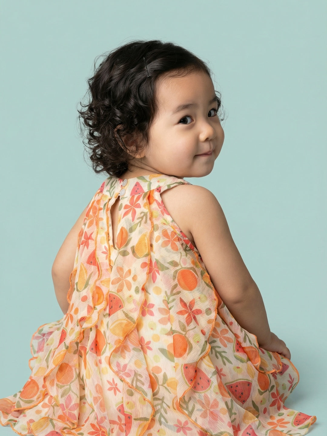 Nautinati Baby Girls' A-line Strappy Ruffle Dress with Multicolour All-over Tropical Fruits like Watermelon, Orange, Lemon Print & 3D Embelishments
