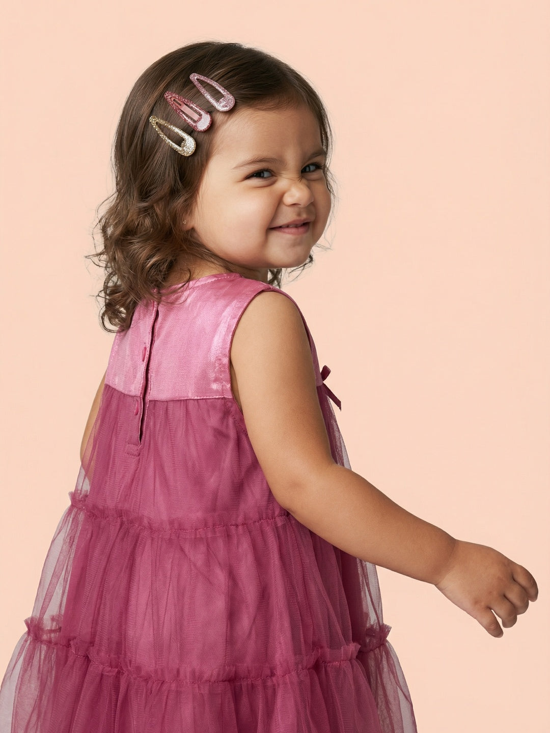Nautinati Baby Girls' A-line Tiered Mesh Solid Party Dress with Bows & Cotton Lining
