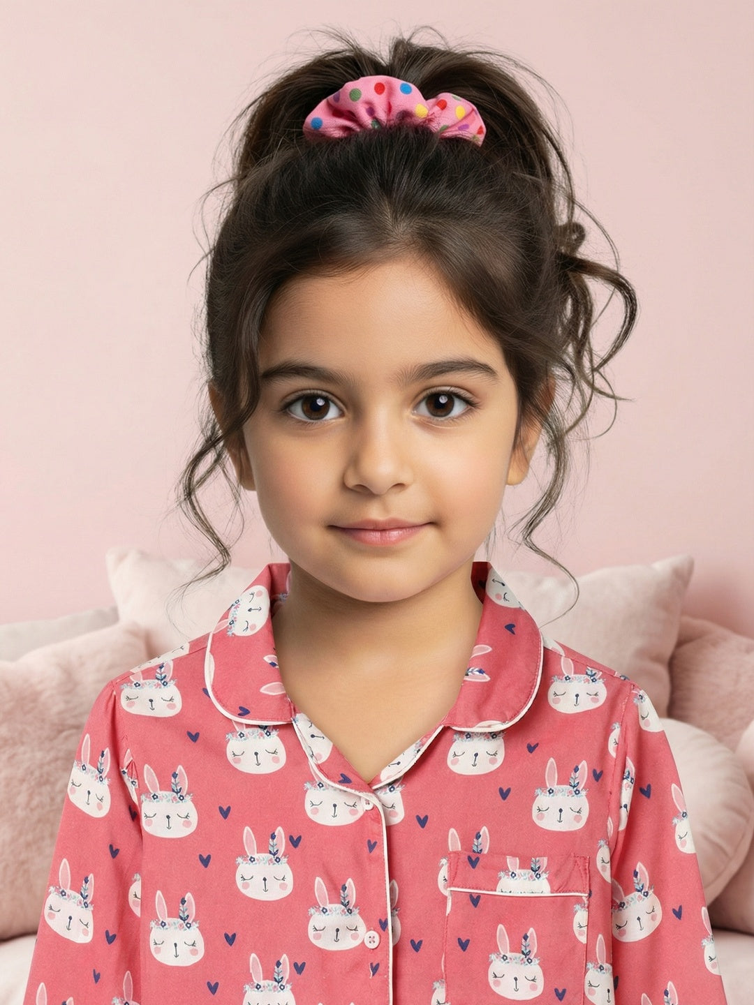 Nautinati Girls' Rayon Bunny All-over Print Woven Night Suit with Full-sleeve T-shirt & Full Bottoms