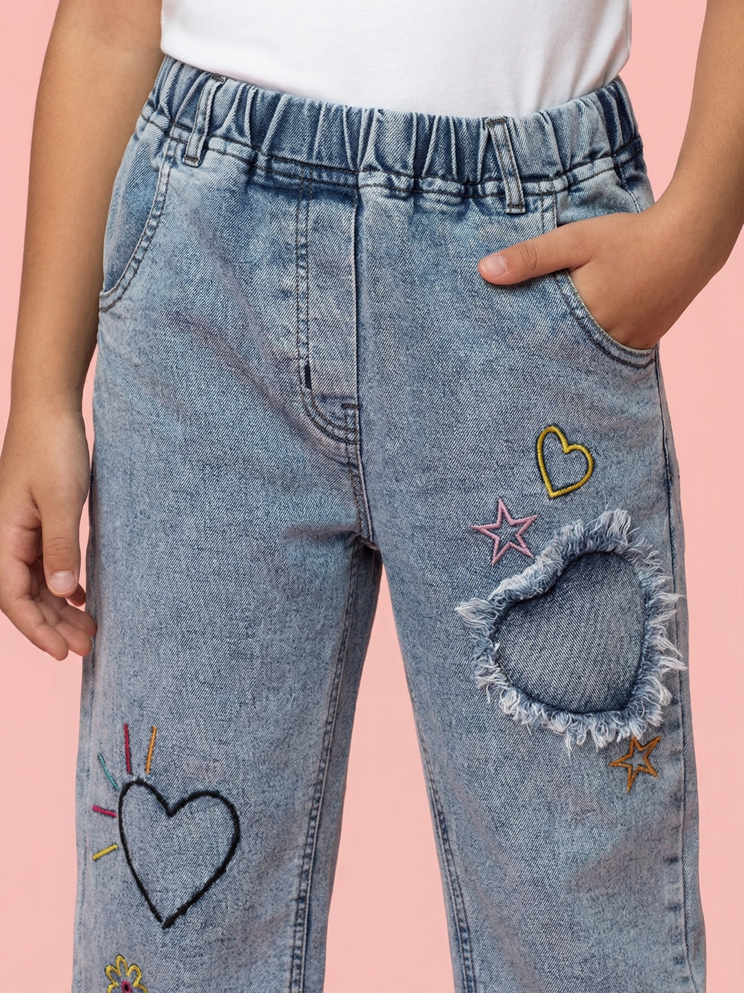 Nautinati Girls' 100% Cotton Regular Fit Stretchable Floral, Stars & Heart Embroidered Distressed Jeans with Patchwork