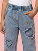 Nautinati Girls' 100% Cotton Regular Fit Stretchable Floral, Stars & Heart Embroidered Distressed Jeans with Patchwork