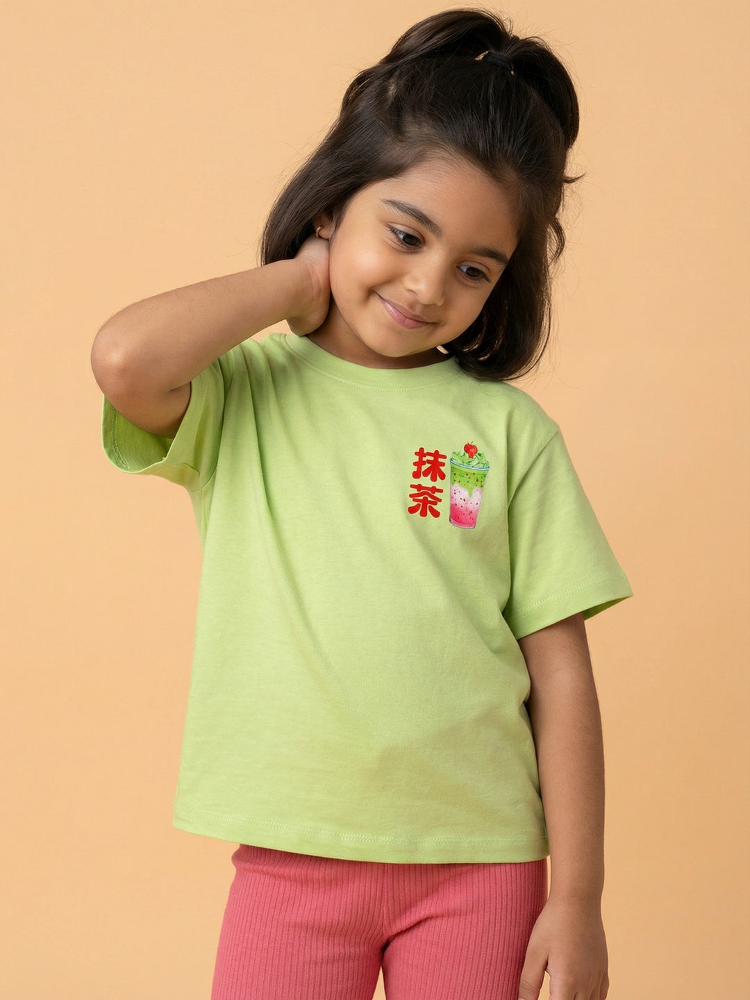 Nautinati Girls Matcha Print Oversized Crew Neck Green T-shirt and Biker Shorts Clothing Set