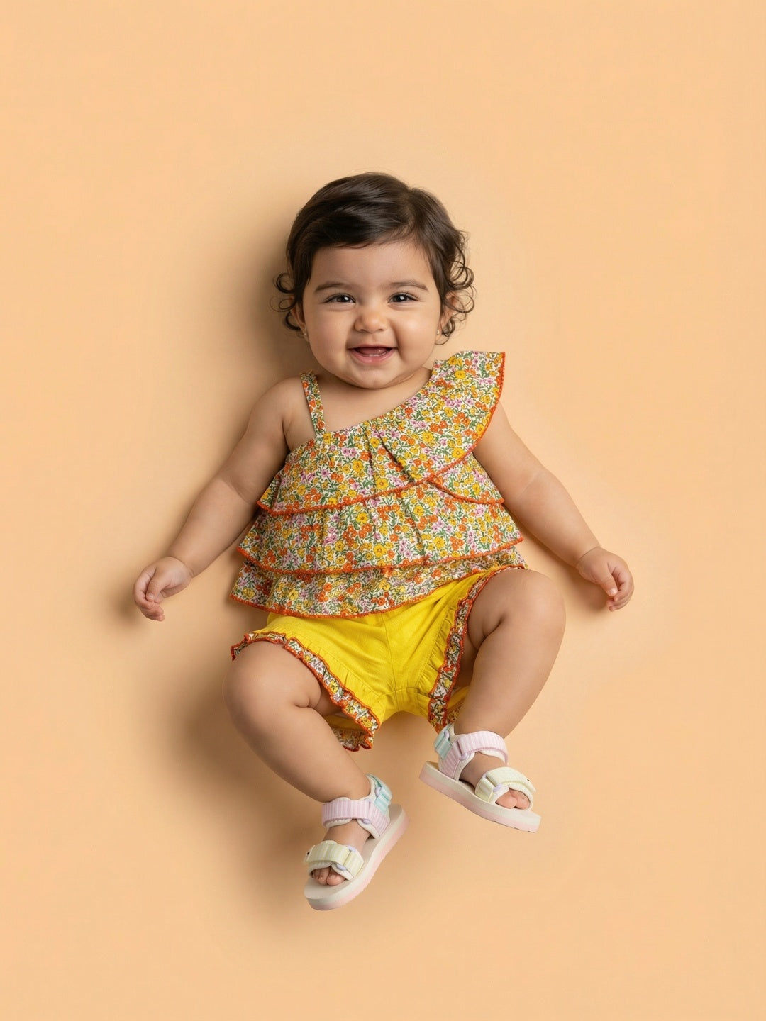 Nautinati Baby Girls 100% Cotton Floral Printed Off-Shoulder Ruffle Top and Yellow Shorts Clothing Set