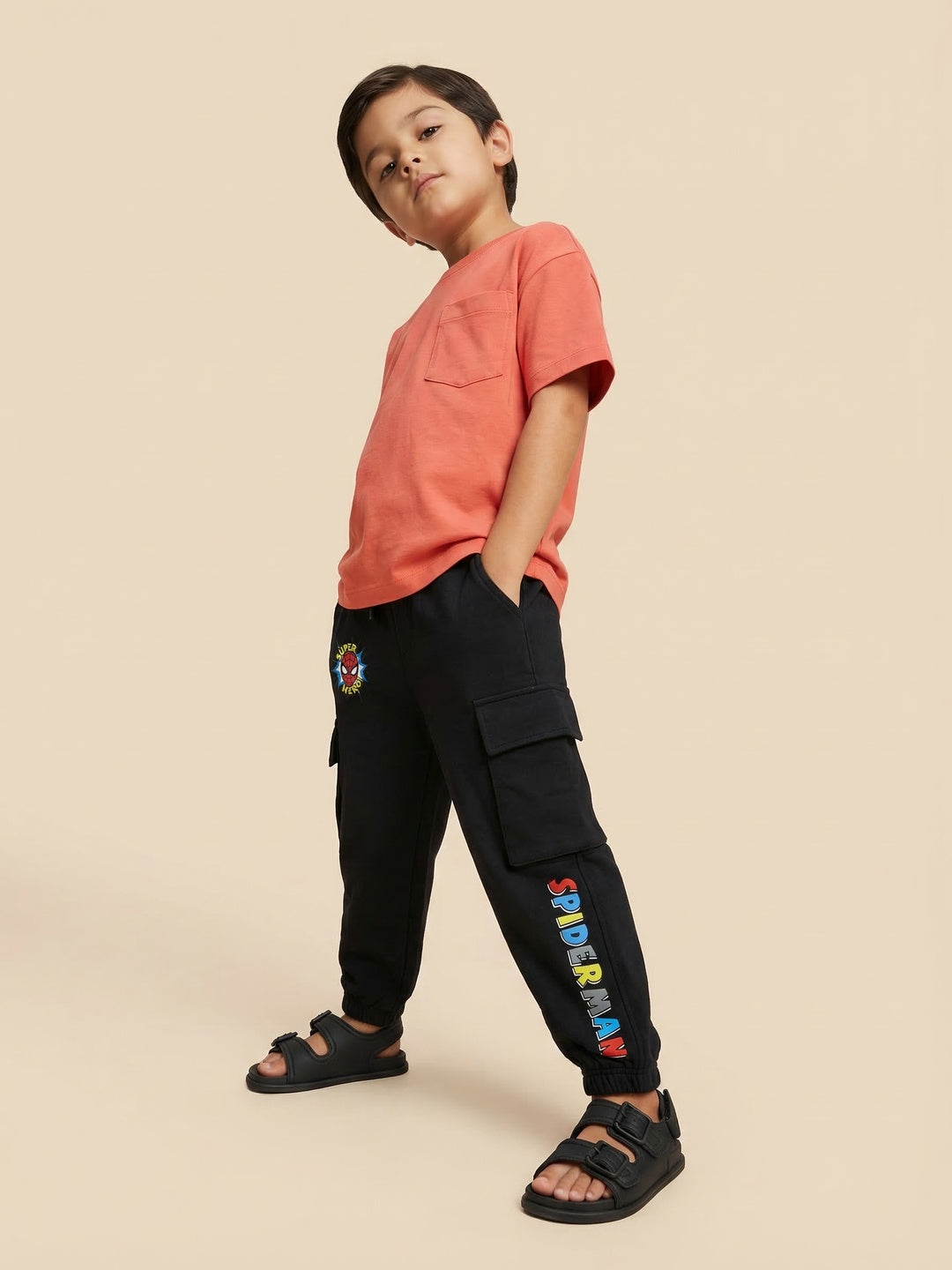 Nautinati Boys' 100% Cotton Marvel Spiderman Placement Print cargo Joggers