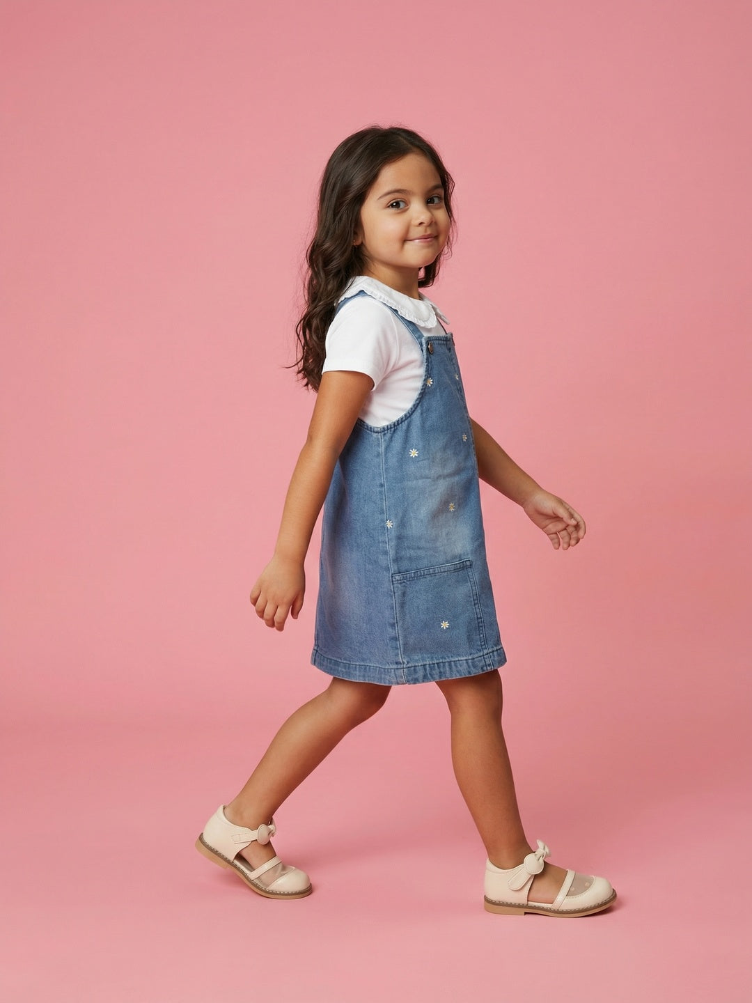 Nautinati Girls Floral Embroidered Pure Cotton Pinafore with T-shirt Co-ord Set