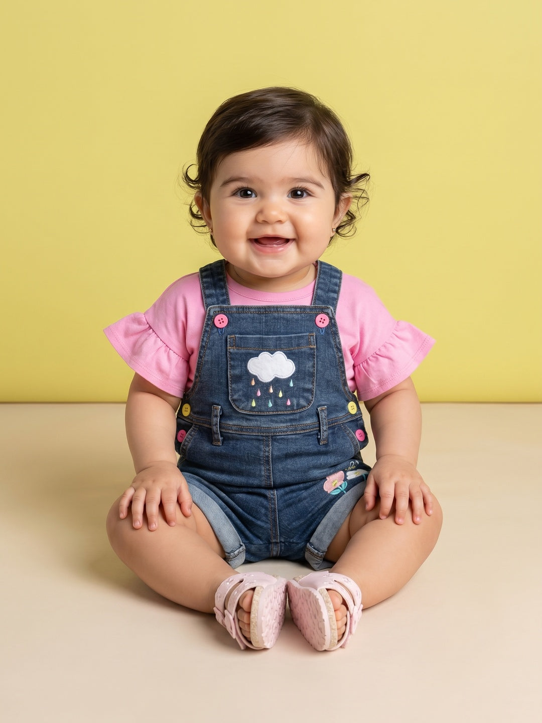 Nautinati Girls' Cloud, Rain, bees & Flower Embroidered Denim Dungaree