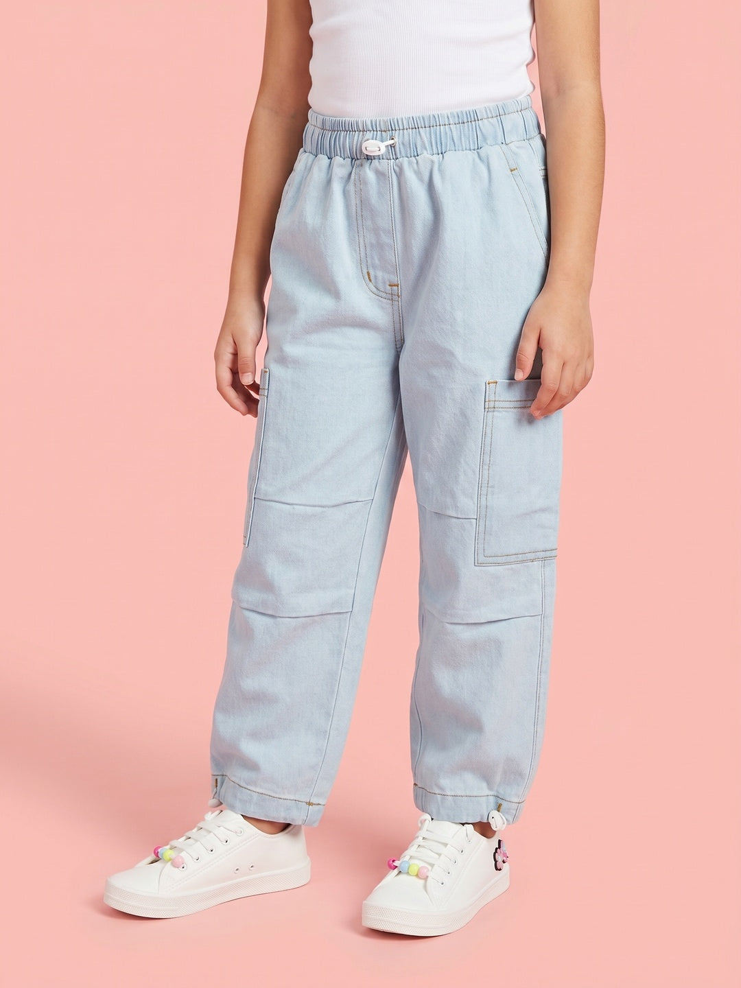Nautinati Girls' Solid Loose fit Denim Cargo Jeans with Cargo Pockets
