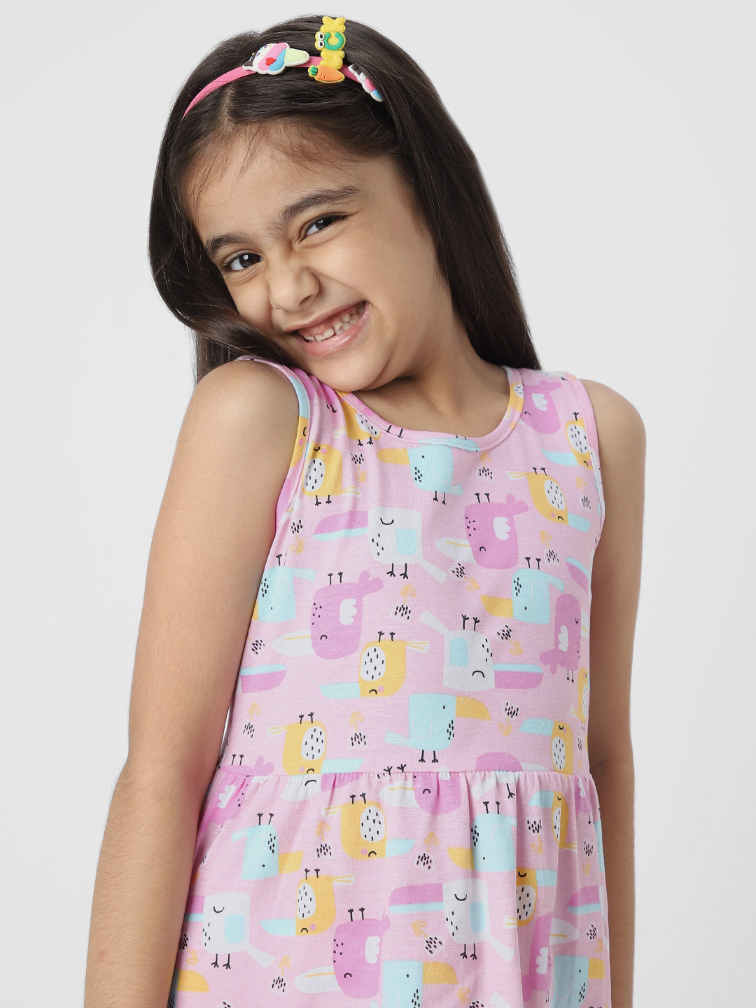 Nauti Nati Floral Girls Printed Sleeveless Round Neck Pure Cotton Casual Dress