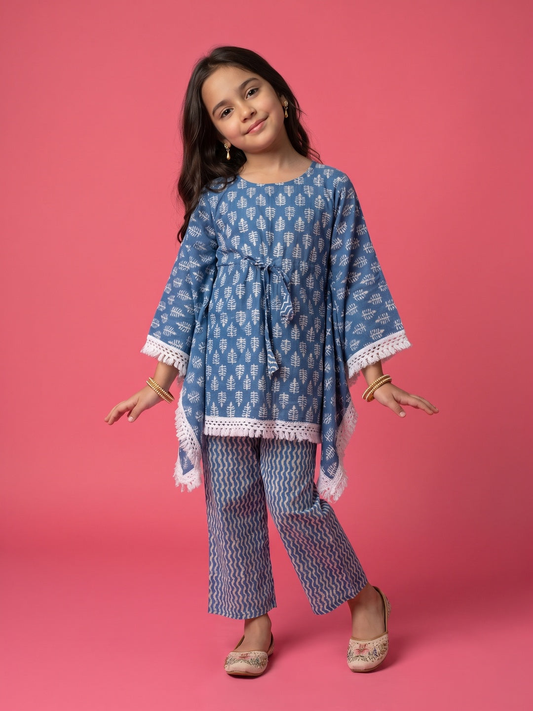 Nautinati Girl's Block Printed Blue Kaftaan Ethnic Set