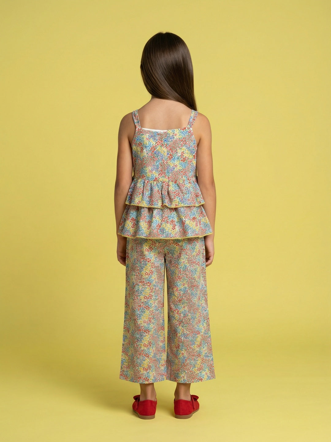 Nautinati Girls Tropical Floral Print Strappy Peplum Top with Wide Legged Pants Set