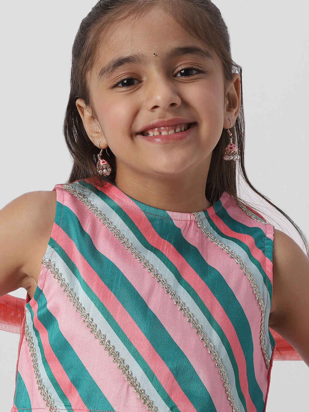 Nautinati Girlsâ€™ Striped Sleeveless Top and Printed Straight Pants with Net Dupatta