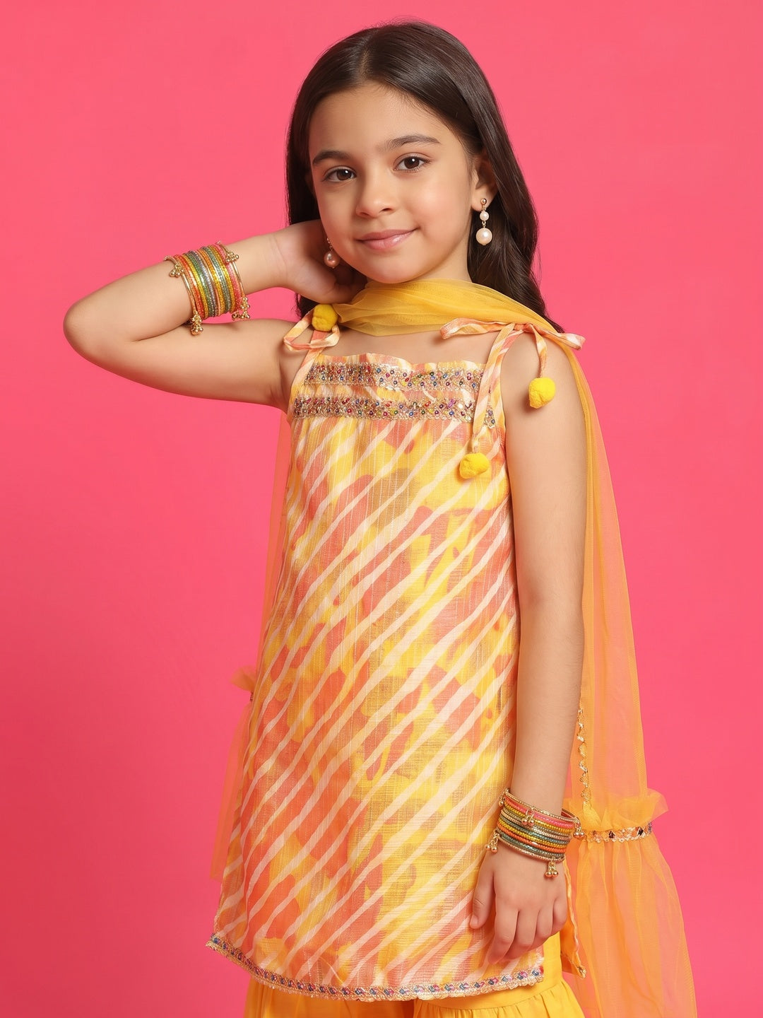Nautinati Girls' Cotton Blend Striped Kurti with Solid Sharara & Net Dupatta Set with Gotta Patti Detail