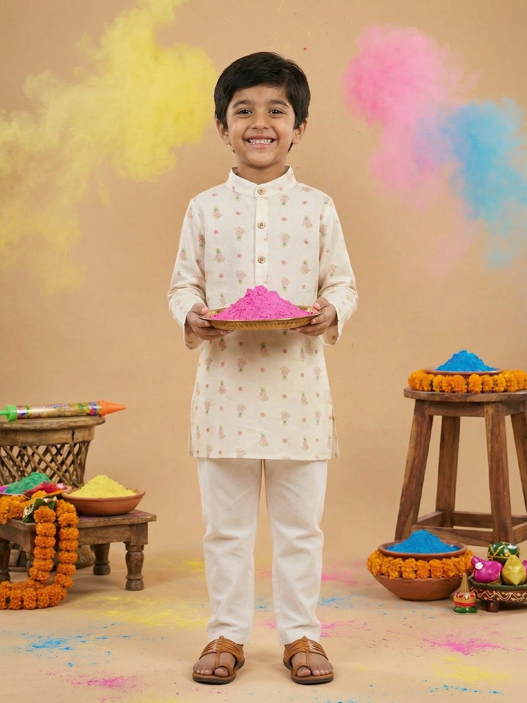 Boys' 100% Cotton Festive Resort Style Pastel Tropical Print Kurta & Pyjama Set