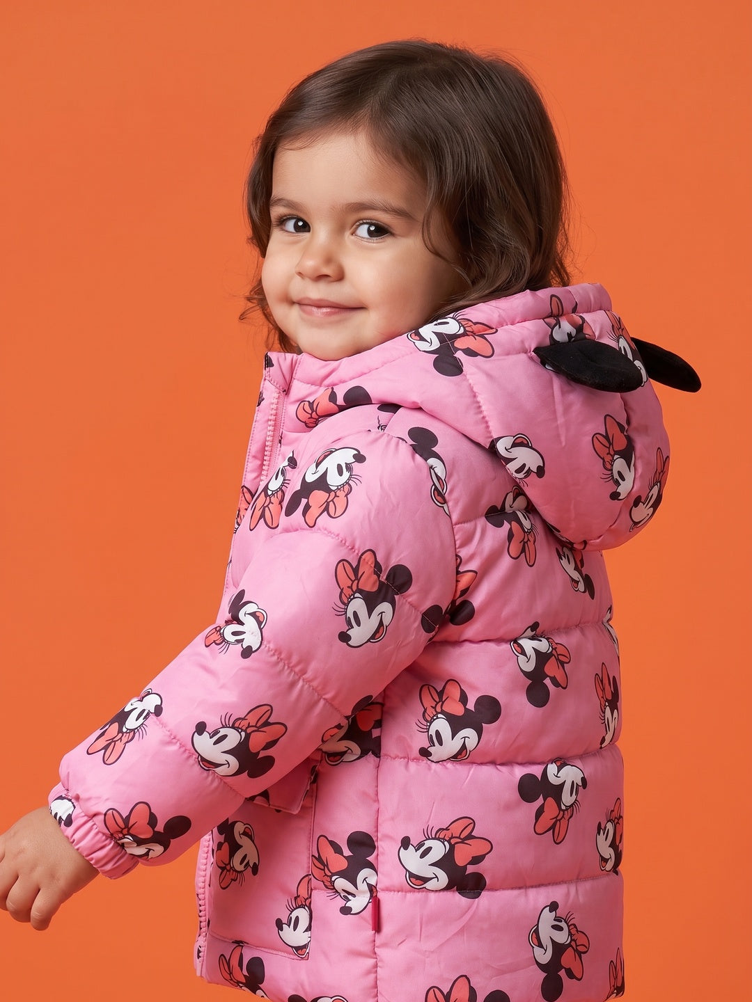 Nautinati Baby Girls Disney Minnie Mouse Regular Fit Hooded Puffer Jacket Front Zip
