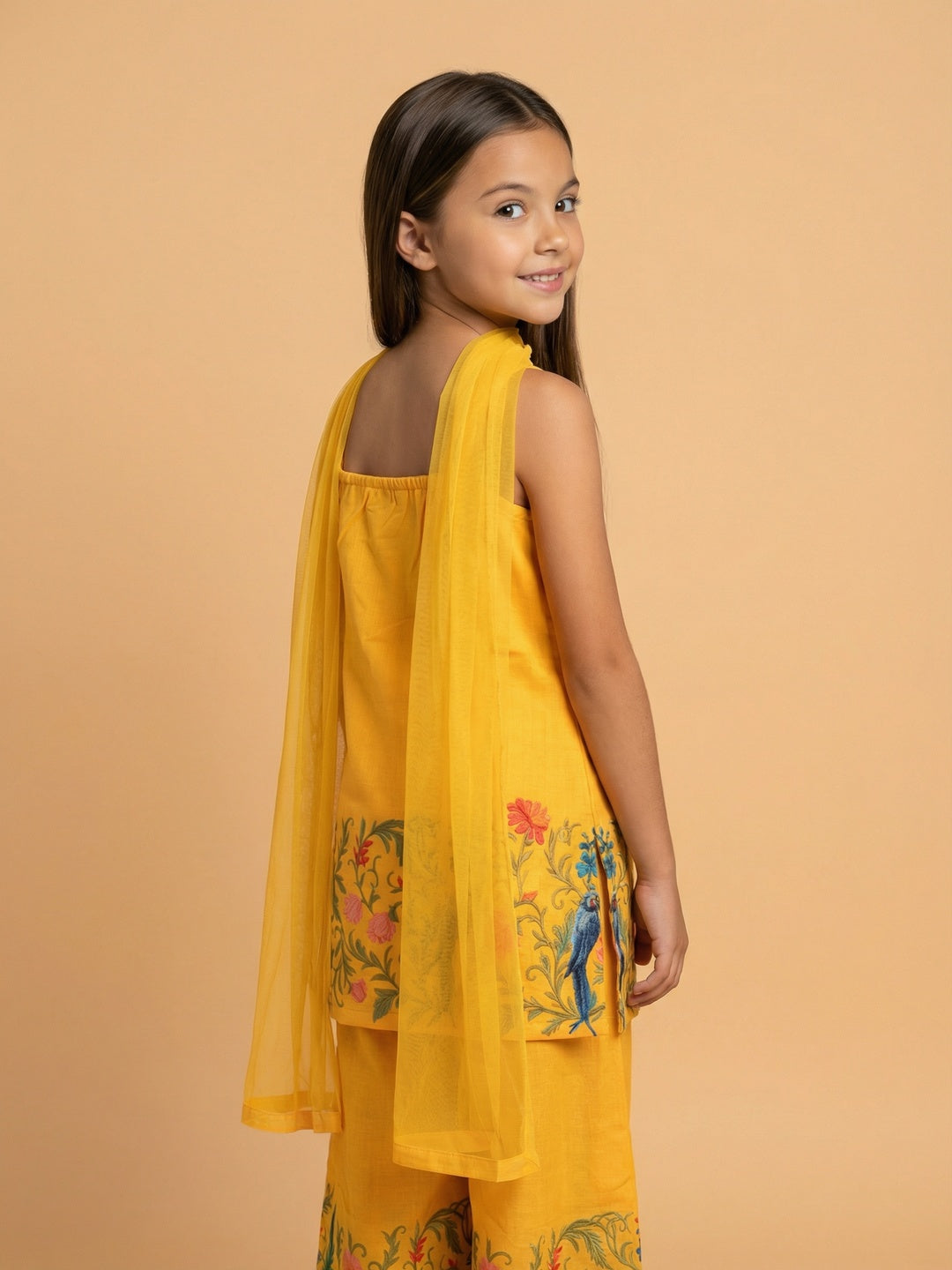 Nautinati Girls' Cotton Blend Woven Festive Floral Hem Printed Strappy A-line Kurti with Wide-leg Bottoms