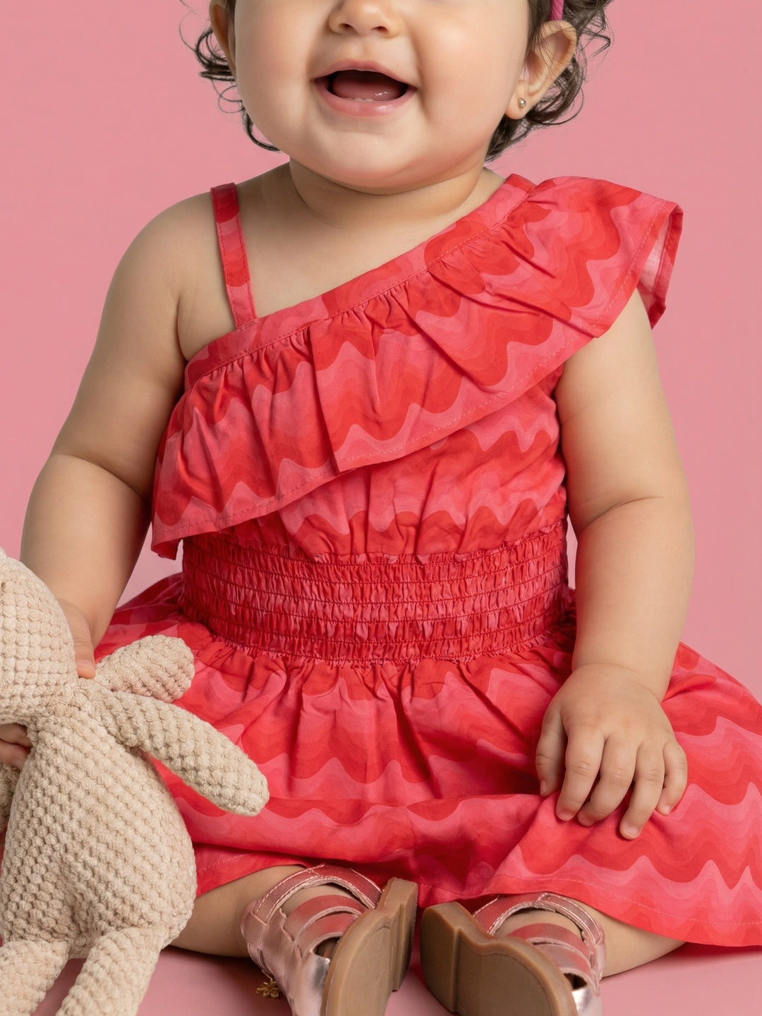 Nautinati Baby Girls Fit & Flare Off-shoulder Dress with Red Gradient Wavy Horizontal Stripes