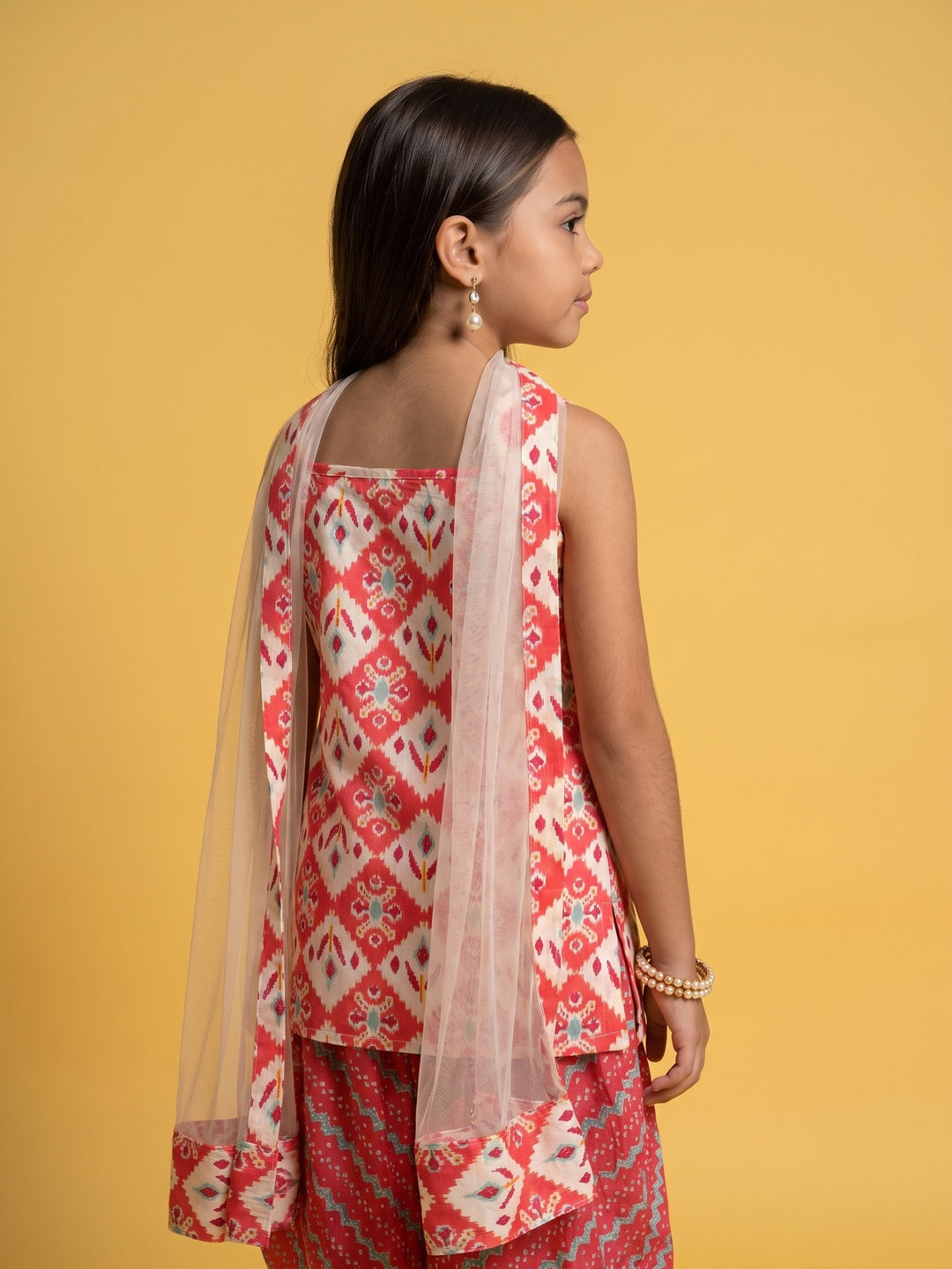 Nautinati Girls' 100% Cotton All-over Print Kurti With Dhoti Pants & Net Dupatta