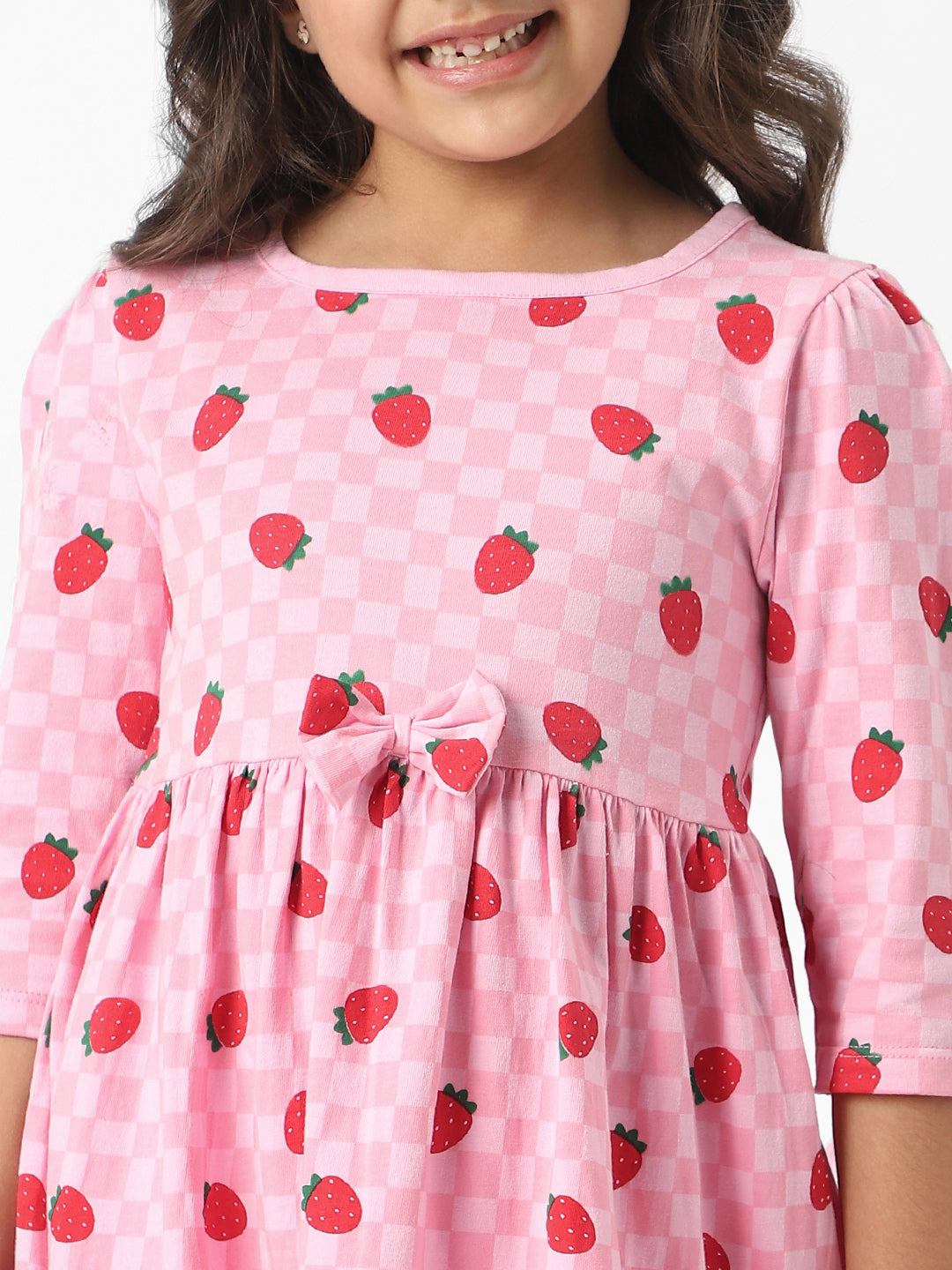 Nautinati Girls Pink Jersey Cotton Strawberry Print Dress